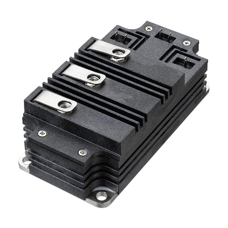 Three-phase IGBT power module in a rugged black housing with integrated heat sink and screw-terminal connectors.
