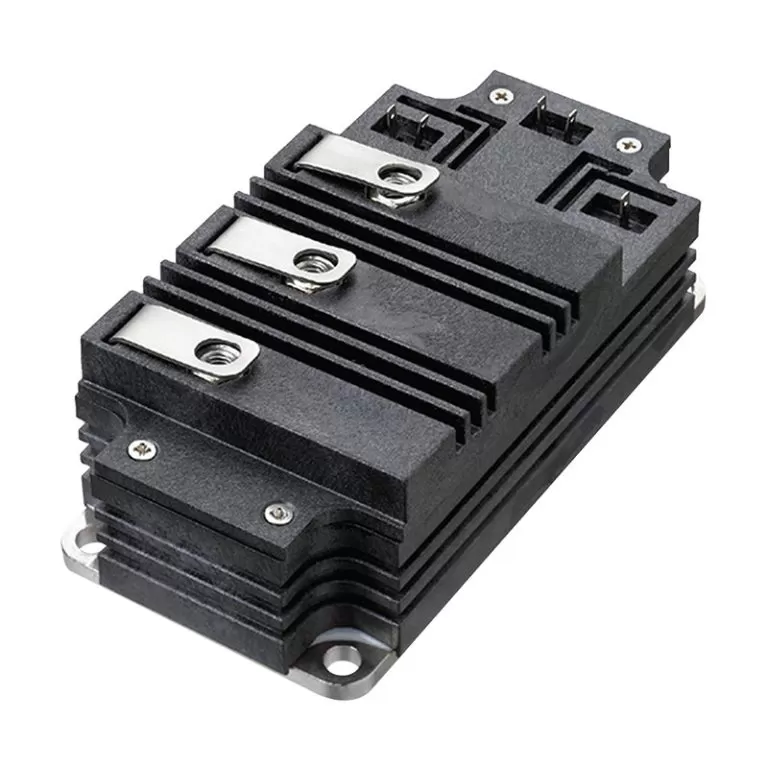 Three-phase IGBT power module in a rugged black housing with integrated heat sink and screw-terminal connectors.